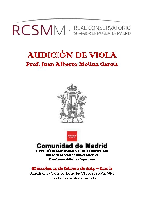 Audición de Viola el próximo 14 de febrero a las 12:00 en el auditorio "Tomás Luis de Victoria"