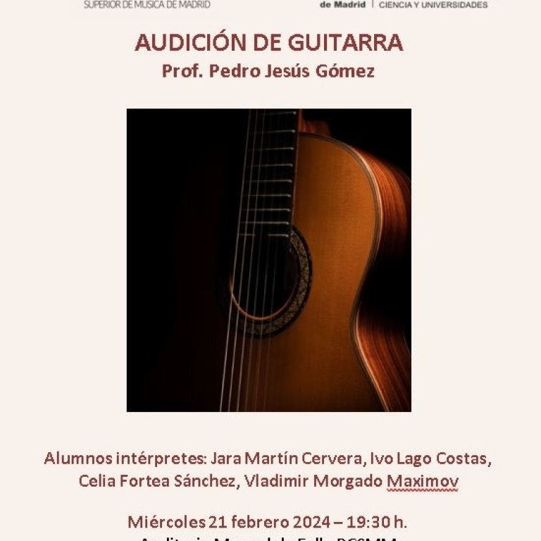 Audición de Guitarra el 21 de febrero a las 19:30h en la sala Manuel de Falla